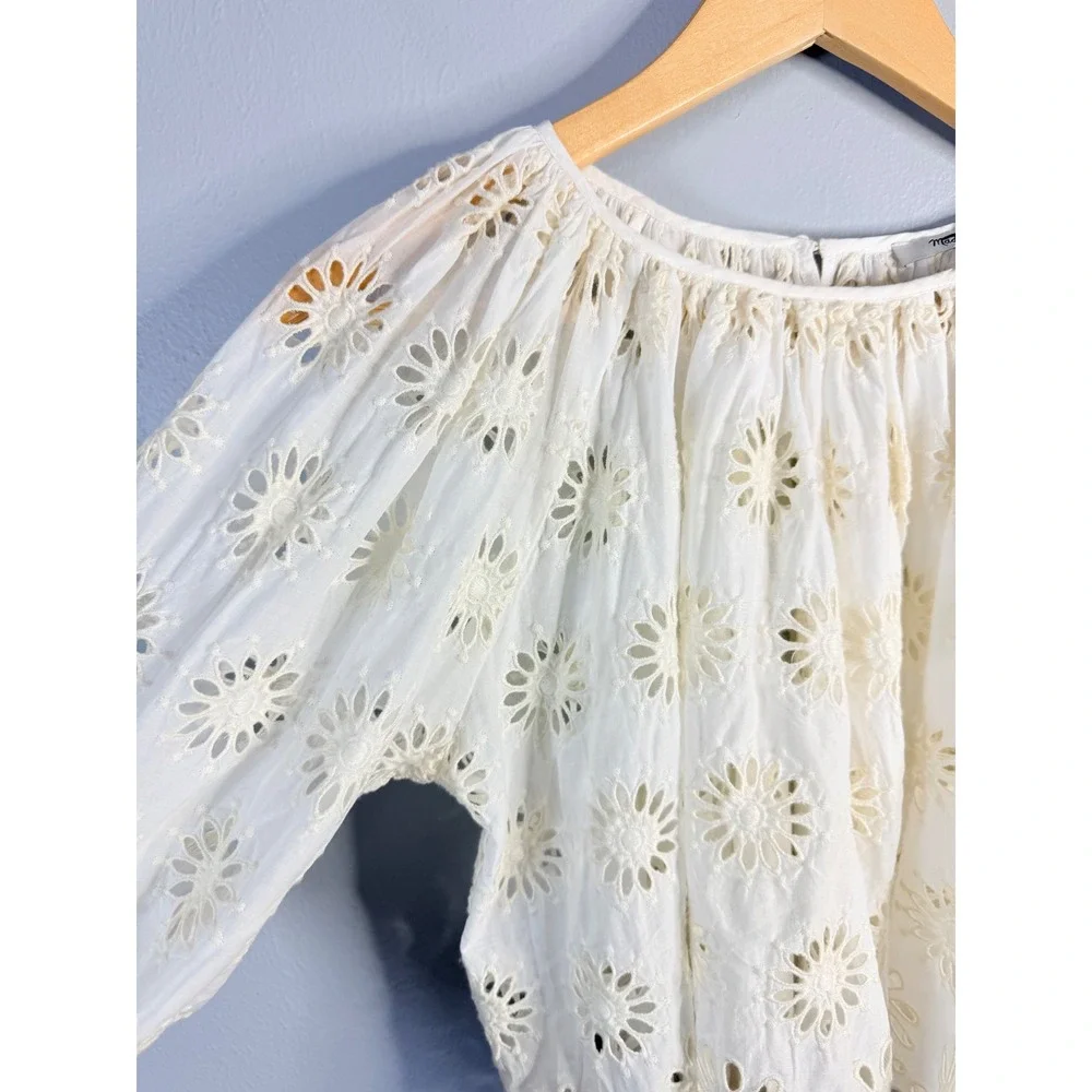 Madewell Embroidered Shirred Puff-Sleeve‎ Top Floral Eyelet XXS NWT